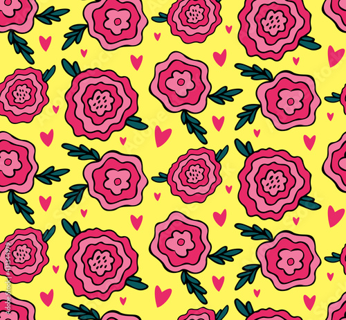 Cute bright childish seamless pattern vector floral background with pink fantasy rose  peony flower on yellow backdrop. Design for textile  wrapping paper  children goods