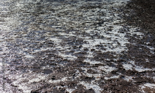 Ice, after the snow melts and freezes on the mountainside close-up in spring (Background, banner, Wallpaper)