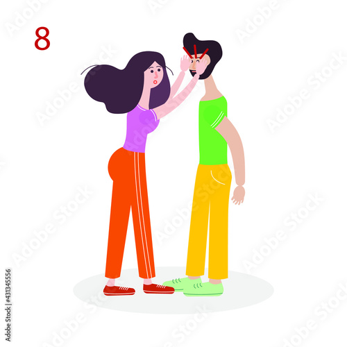 
Self-defense. Self-defense technique for a woman. Protection from bullies. Vector educational illustration. The eighth image out of eight