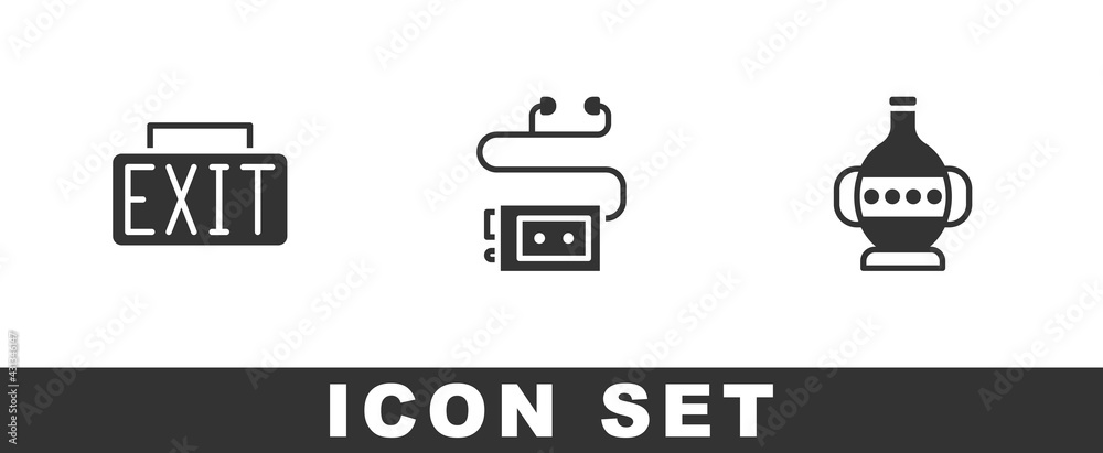 Set Exit sign, Museum audio guide and Ancient amphorae icon. Vector Set Exit sign, Museum audio guide and Ancient amphorae icon. Vector