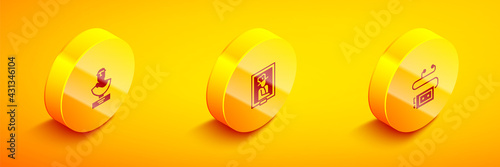 Set Isometric Ancient bust sculpture, Portrait in museum and Museum audio guide icon. Vector