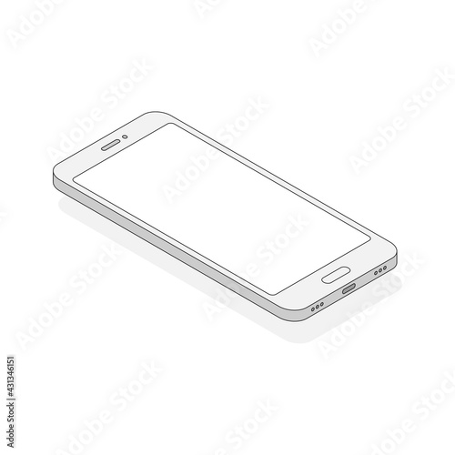 Isometric line phone with shadow. 3d mobile phone with empty screen. Digital technology outline concept. Vector isolated on white