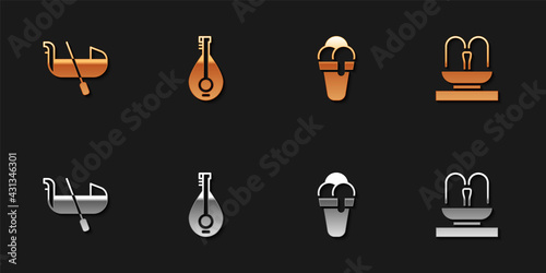 Set Gondola, Mandolin, Ice cream and Fountain icon. Vector