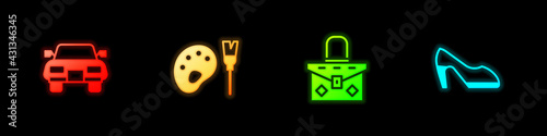 Set Car, Paint brush with palette, Handbag and Woman shoe icon. Vector