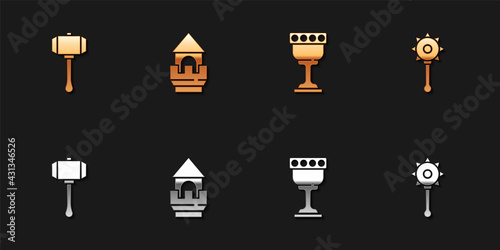 Set Hammer, Castle tower, Medieval goblet and chained mace ball icon. Vector