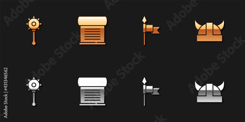 Set Medieval chained mace ball, Decree, parchment, scroll, spear and Viking horned helmet icon. Vector