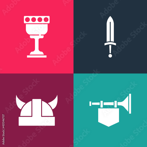 Set pop art Trumpet with flag, Viking in horned helmet, Medieval sword and goblet icon. Vector