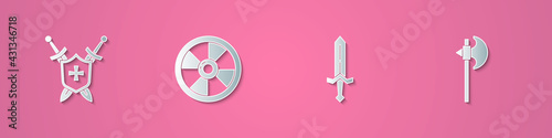 Set paper cut Medieval shield with swords, Round wooden, and axe icon. Paper art style. Vector