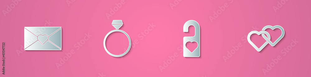 Set paper cut Envelope with Valentine heart, Diamond engagement ring, Please do not disturb and Two Linked Hearts icon. Paper art style. Vector Set paper cut Envelope with Valentine heart, Diamond engagement ring, Please do not disturb and Two Linked Hearts icon. Paper art style. Vector