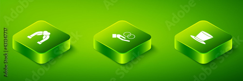 Set Isometric Wedding rings, Cylinder hat and arch icon. Vector