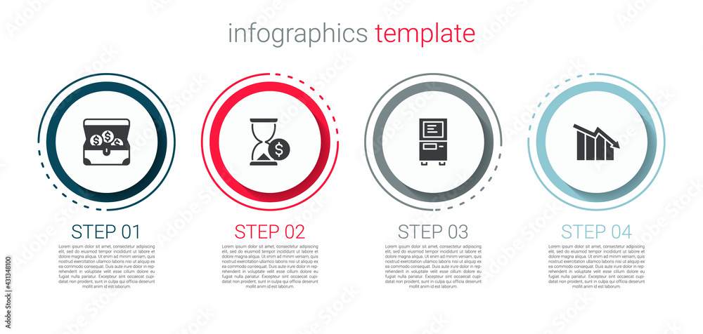 Set Treasure chest, Hourglass with dollar, ATM and Financial growth decrease. Business infographic template. Vector Set Treasure chest, Hourglass with dollar, ATM and Financial growth decrease. Business infographic template. Vector