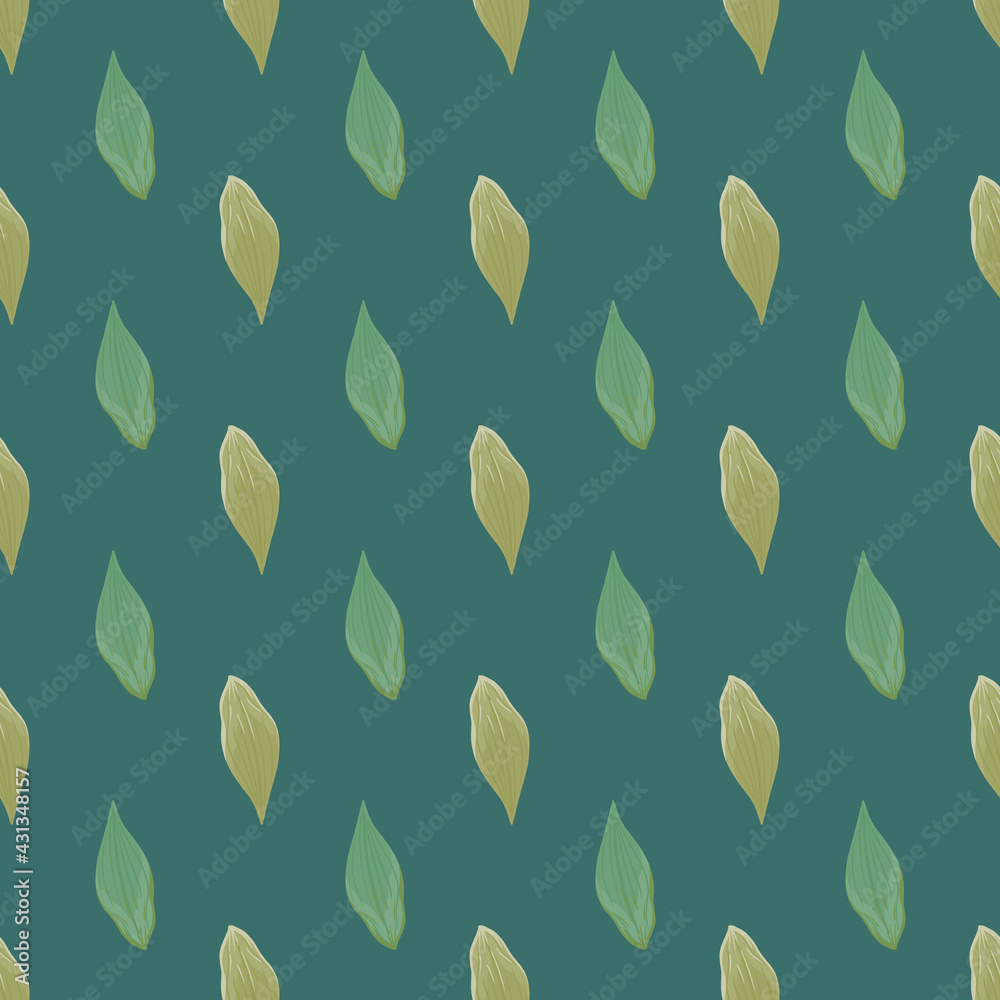 Bloom seamless pattern with simple style leaves elements print. Turquoise background. Doodle floral backdrop.
