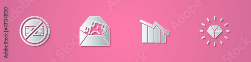Set paper cut No money, Envelope with dollar symbol, Financial growth decrease and Diamond icon. Paper art style. Vector