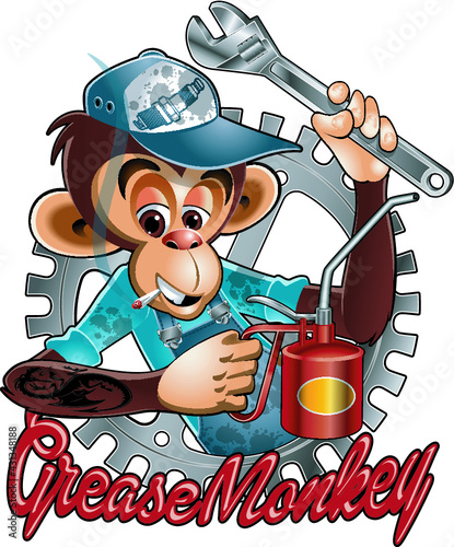 monkey with wrench,oil can, and text grease monkey