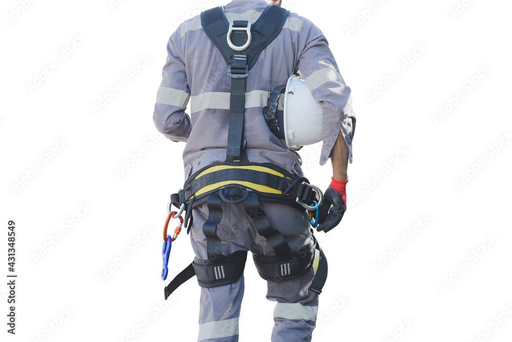 Workers wearing full safety harness isolated on white background.