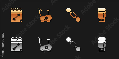 Set Calendar fitness, Stationary bicycle, Dumbbell and Boxing glove icon. Vector