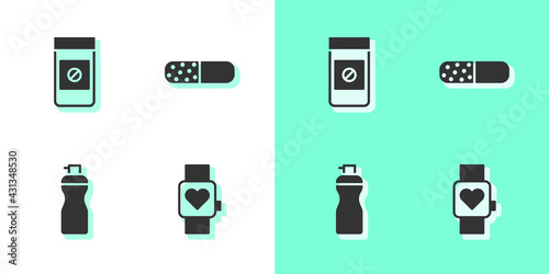 Set Smart watch, Anabolic drugs, Fitness shaker and Vitamin pill icon. Vector
