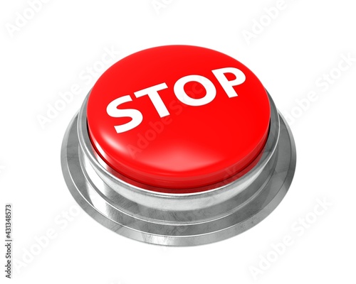 Stop button. Red STOP button isolated. Icon button STOP. Text STOP on button. Buzzer. Round button with steel border. 3D illustration.