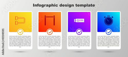 Set Chest expander, Horizontal bar, Location gym and Stopwatch. Business infographic template. Vector