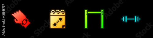 Set Smart watch on hand, Calendar fitness, Horizontal bar and Barbell icon. Vector