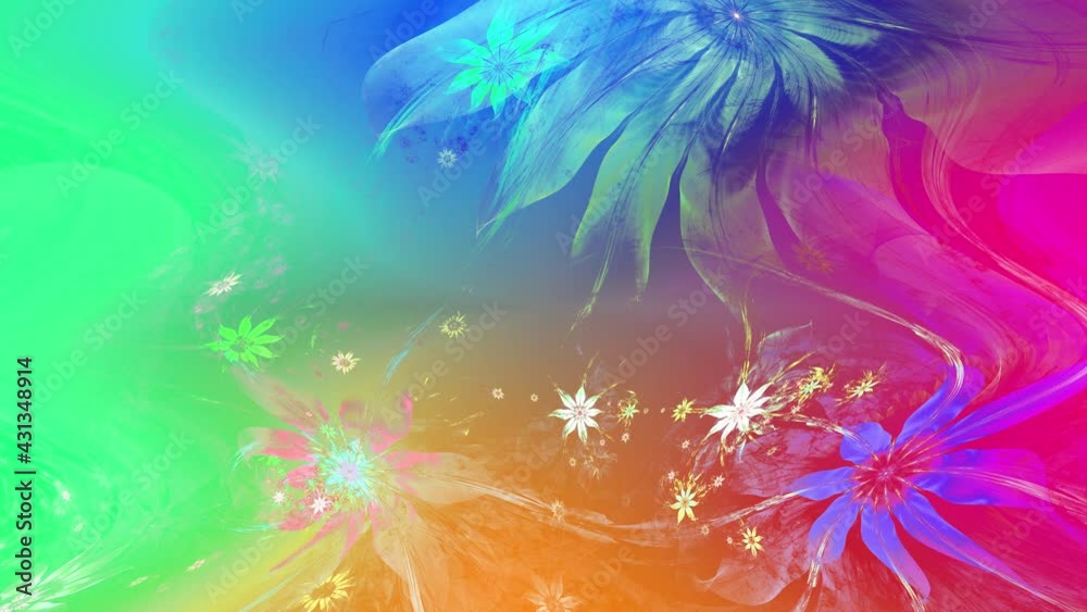 Rainbow color changing abstract fractal background with intricate interconnected psychedelic space flowers with a major large flower in the middle, all slowly moving and rippling