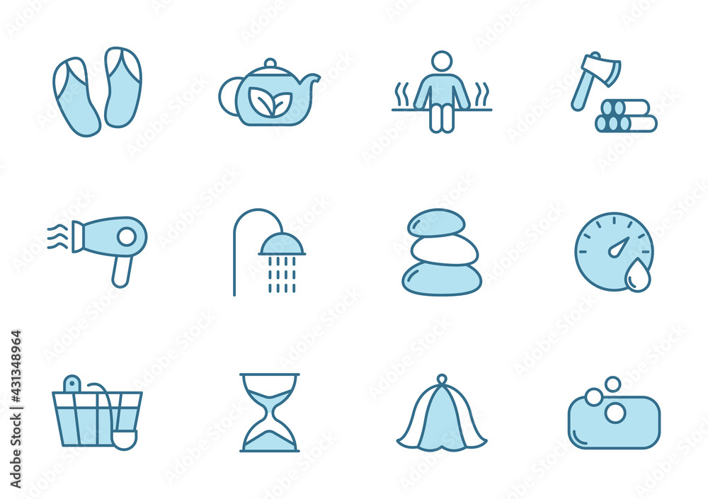 spa and sauna line vector icons in two colors isolated on white ...