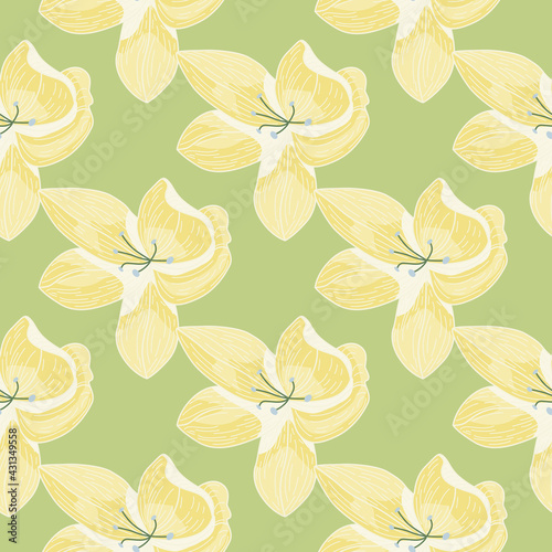 Yellow and green outline orchid flowers silhouettes seamless pattern on light green background.