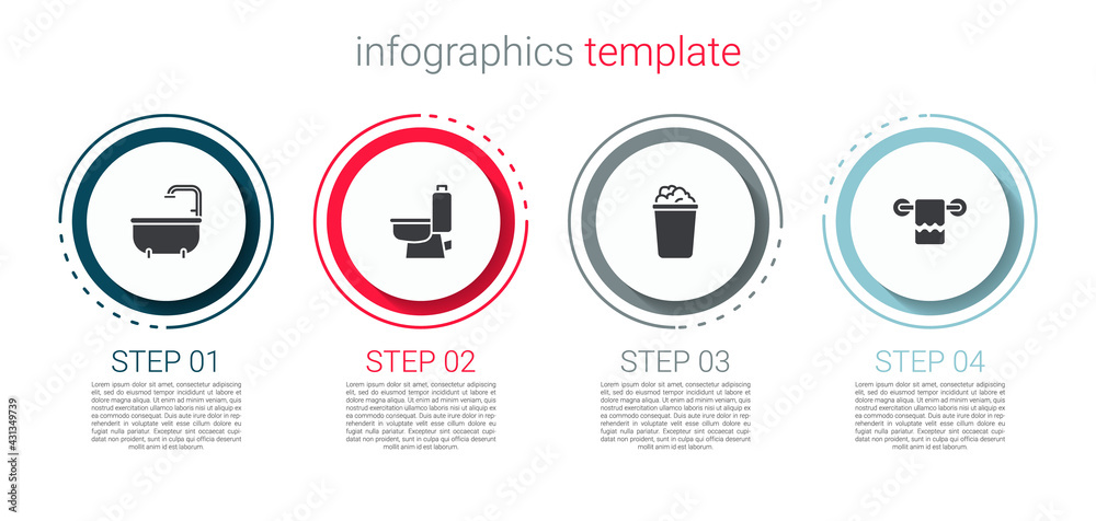 Set Bathtub, Toilet bowl, Bucket with soap suds and Towel on hanger. Business infographic template. Vector Set Bathtub, Toilet bowl, Bucket with soap suds and Towel on hanger. Business infographic template. Vector