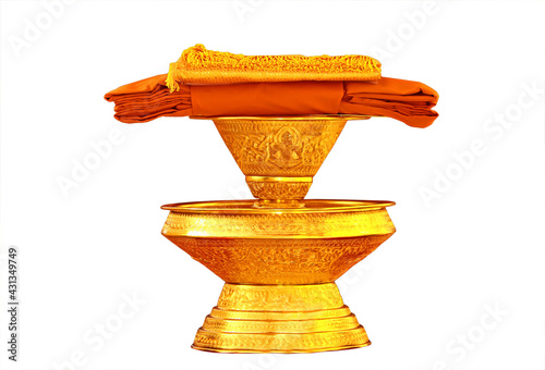Kathin fabric, Kathin ceremony, Buddhist monk dresses in a tradition golden tray with clipping path on white background
