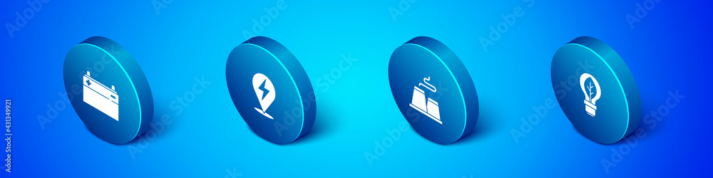 Set Isometric Car battery, Factory, Light bulb with leaf and Lightning bolt icon. Vector Set Isometric Car battery, Factory, Light bulb with leaf and Lightning bolt icon. Vector