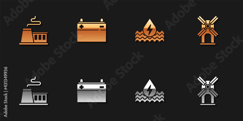 Set Factory, Car battery, Water energy and Wind turbine icon. Vector