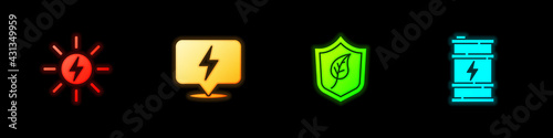 Set Solar energy panel, Lightning bolt, Shield with leaf and Bio fuel barrel icon. Vector