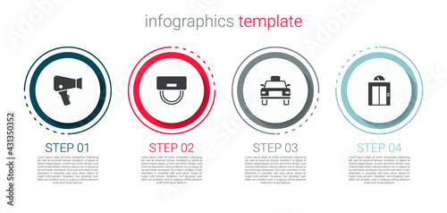 Set Hair dryer, Bellboy hat, Taxi car and Lift. Business infographic template. Vector
