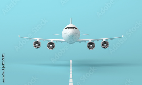 Plane flying on the runway on blue background. 3d rendering