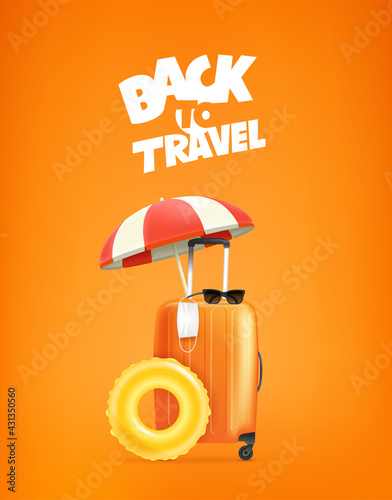 Back to travel. Orange bag with beach umbrella, floater and medical mask. Travel after pandemic