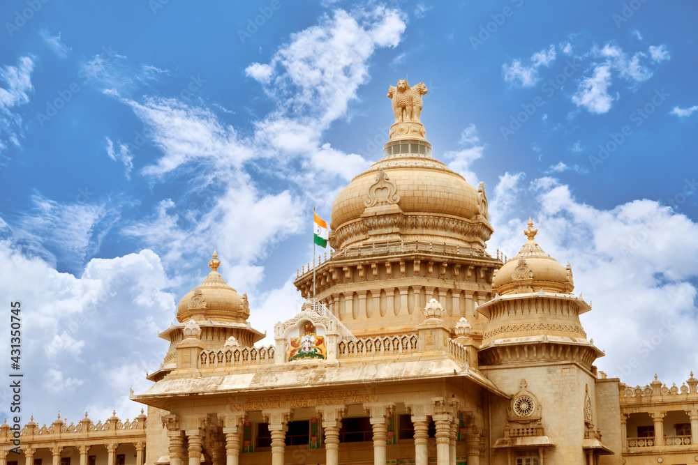 Close View of Vidhana Soudha (State Legislature Building) with a cloudy blue sky, at Bangalore, Karnataka, India