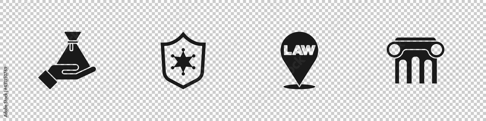 Set Bribe money bag, Police badge, Location law and Law pillar icon. Vector Set Bribe money bag, Police badge, Location law and Law pillar icon. Vector