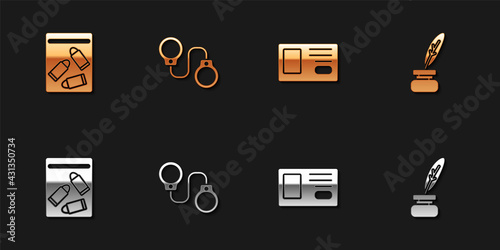 Set Evidence bag and bullet, Handcuffs, Identification badge and Feather inkwell icon. Vector
