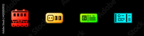 Set Passenger train cars, Electrical outlet, QR code ticket and Train icon. Vector