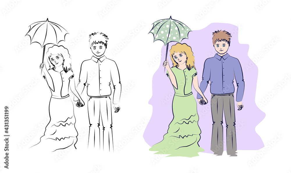 Anime couple illustration. Set Girl and Boy. Watercolor freehand drawing.  On the white background. Happiness people. Happy family with umbrella line  art Stock Illustration | Adobe Stock
