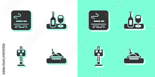 Set Plate with food, Smoking area, Train traffic light and Wine bottle glass icon. Vector