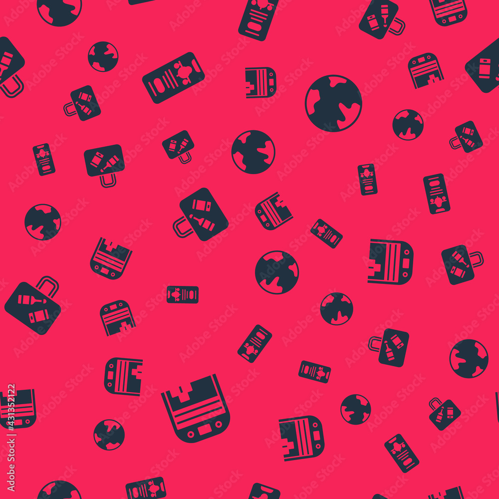 Set Aircraft hangar, Mobile with ticket, Suitcase and Worldwide on seamless pattern. Vector Set Aircraft hangar, Mobile with ticket, Suitcase and Worldwide on seamless pattern. Vector