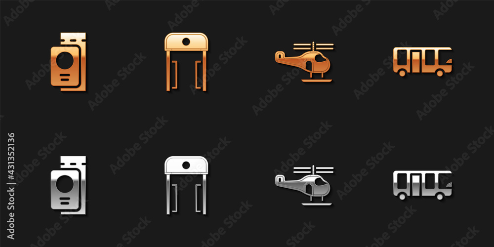 Set Passport with ticket, Metal detector in airport, Helicopter and Airport bus icon. Vector Set Passport with ticket, Metal detector in airport, Helicopter and Airport bus icon. Vector