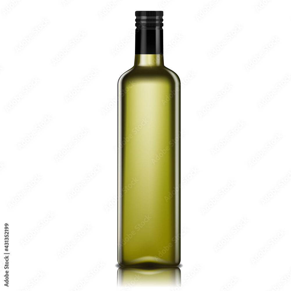 Empty glass bottle for oil, 3d realistic vector. Olive or avocado oil bottle isolated on white background.