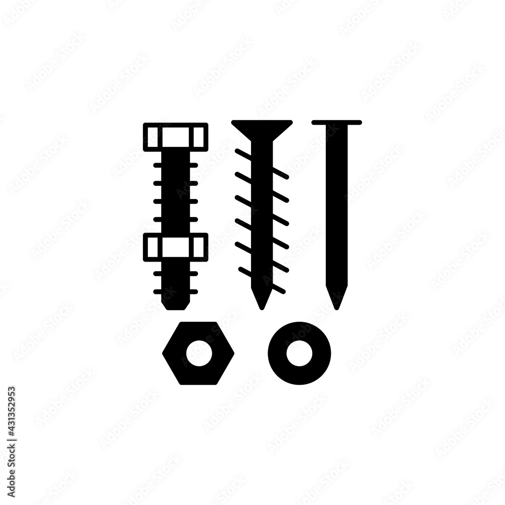 Bolt, nail, nut, rivet, screw icon in solid black flat shape glyph icon, isolated on white background Bolt, nail, nut, rivet, screw icon in solid black flat shape glyph icon, isolated on white background