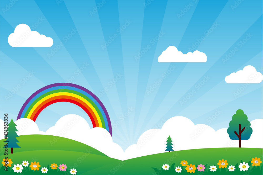Nature landscape cartoon illustration with rainbow suitable for kids  background Stock Vector | Adobe Stock