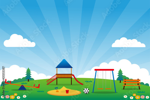 Playground for kids vector illustration with blue sky and flowers suitable for background or wallpaper