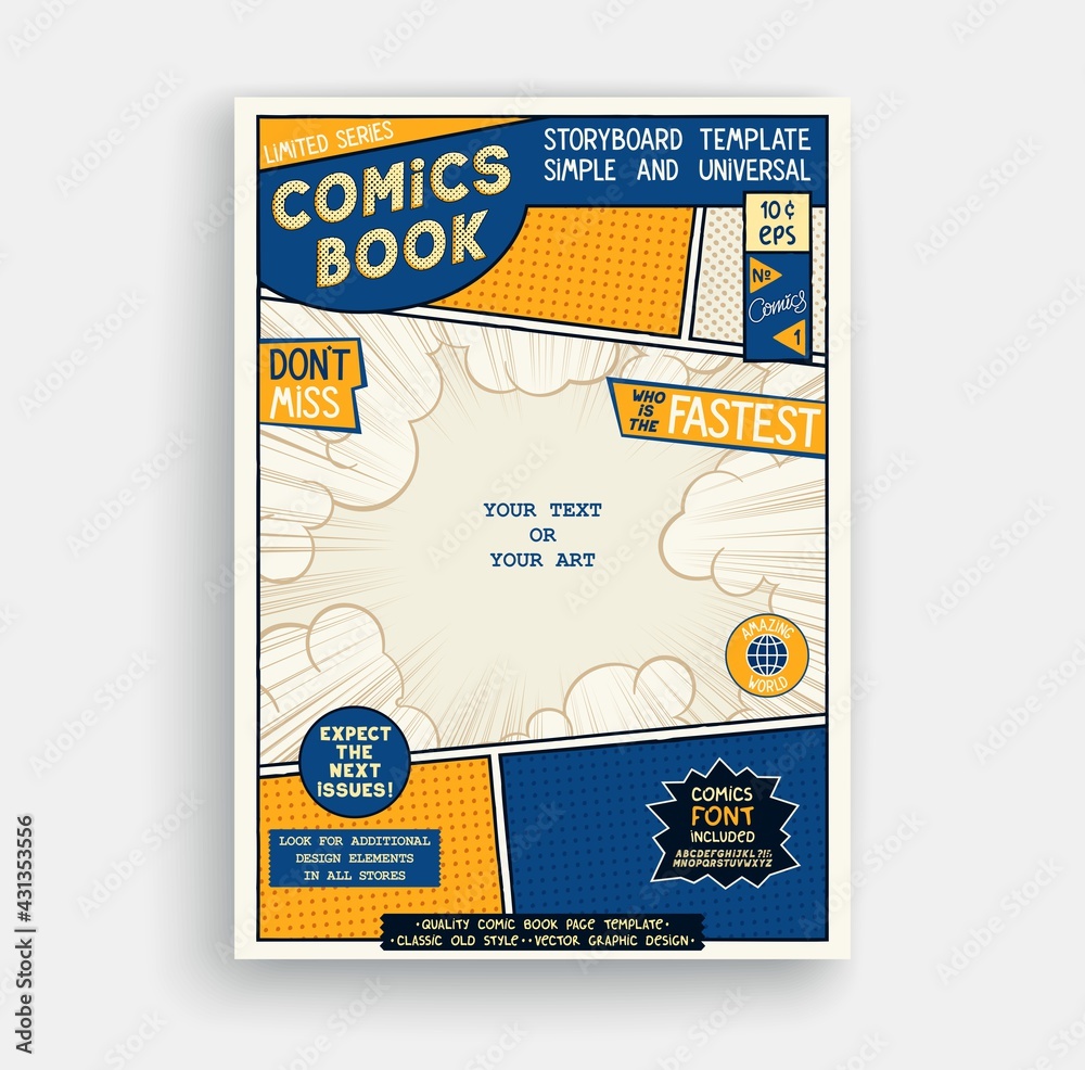 Obraz premium Comic book page template. Classic storyboard artwork. Comics magazine cover. Vector graphics