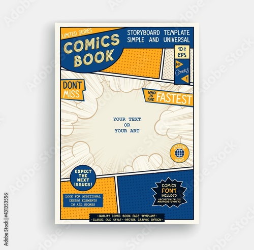 Comic book page template. Classic storyboard artwork. Comics magazine cover. Vector graphics