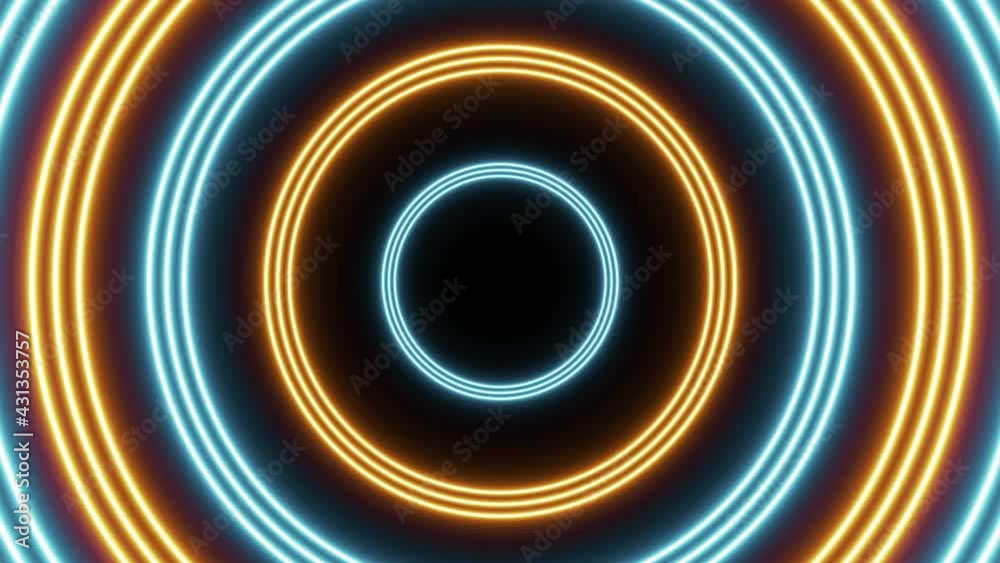 Group of orange and blue circles animation on a dark background. Abstract seamless looped futuristic flight in tunnel motion graphic